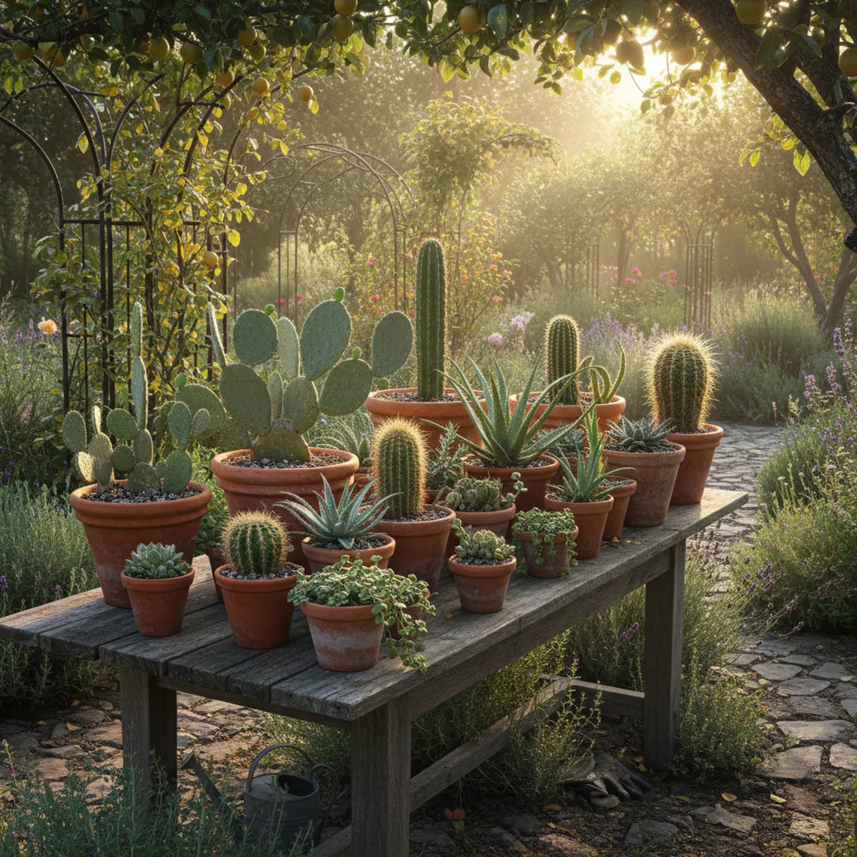 Collection de cactus et succulentes en pots sur une table de jardin