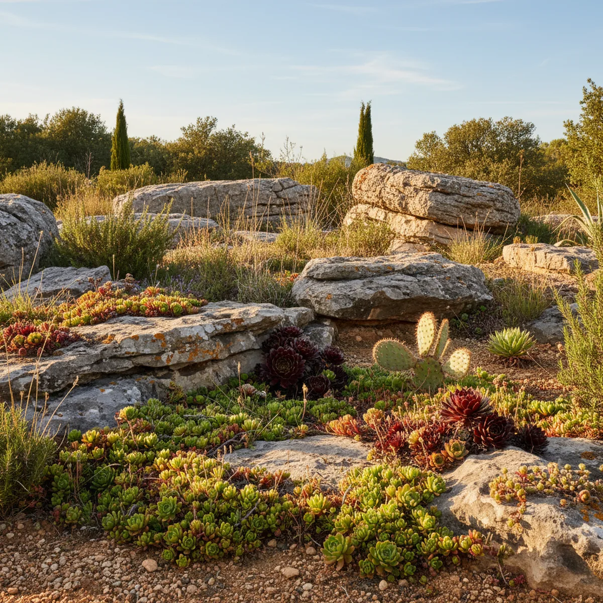 Rocaille de cactus et succulentes rustiques en plein soleil