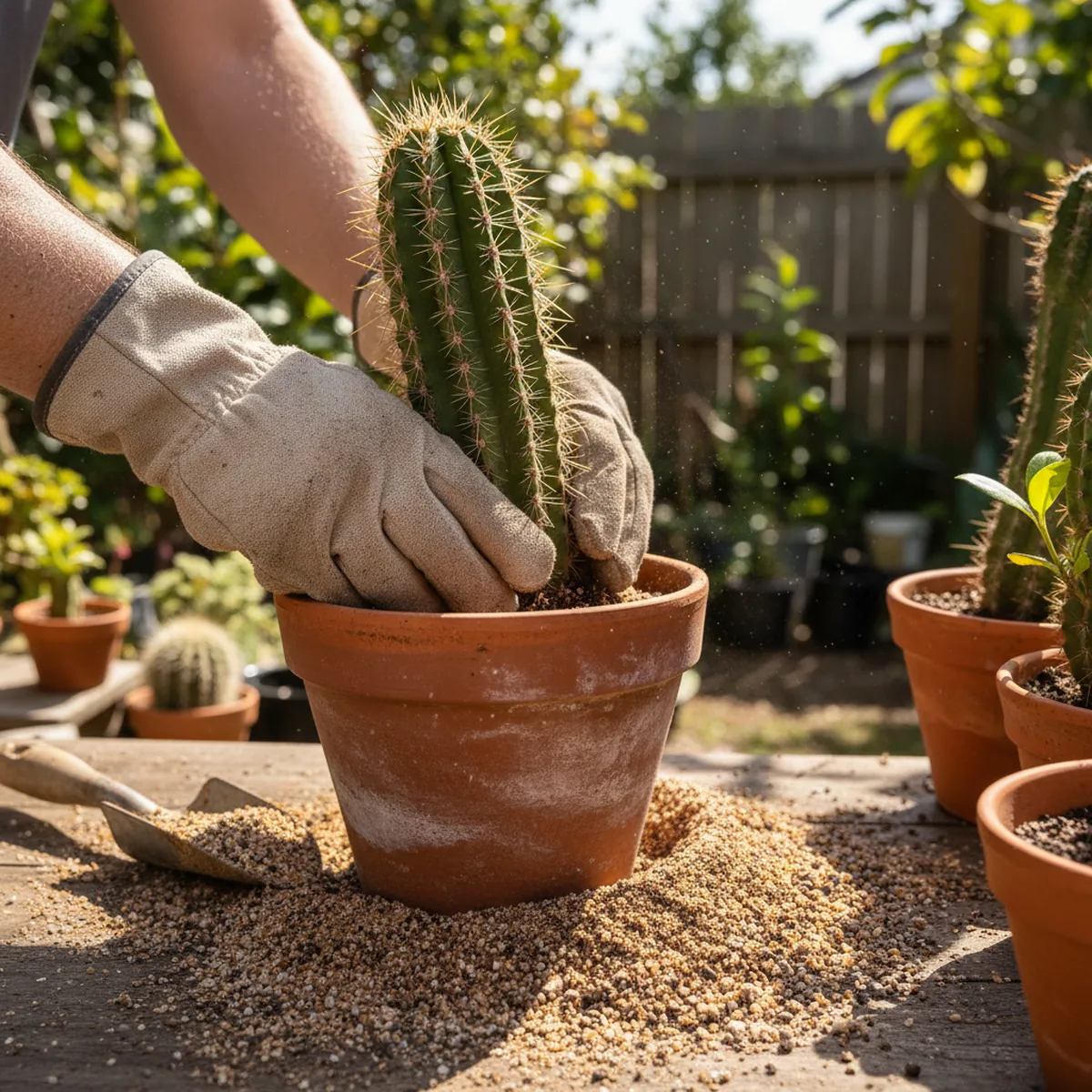 Mains gantées rempotant un cactus dans un pot en terre cuite