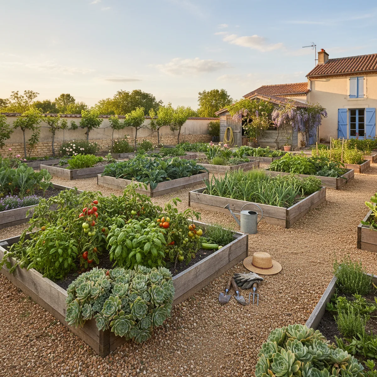 Massif de succulentes en bordure d'un potager de tomates et basilic