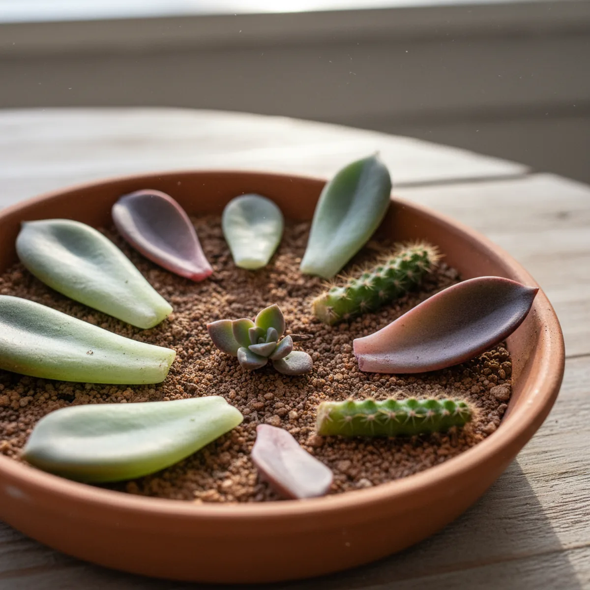 Boutures de feuilles de succulentes et rejets de cactus sur terreau