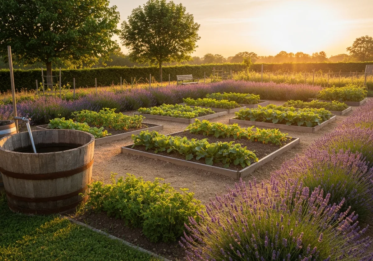 Potager bio ensoleillé avec carrés surélevés et baril d'eau