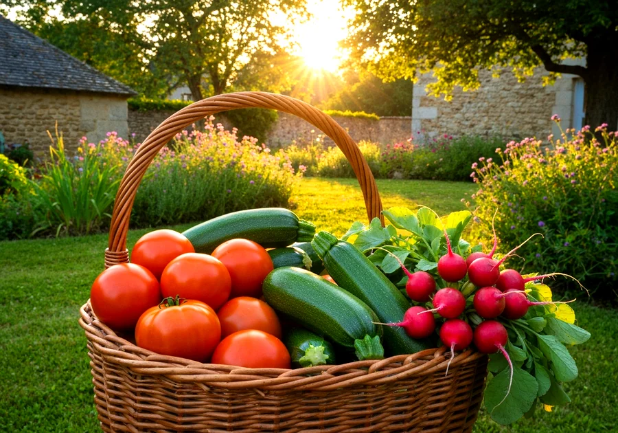 Panier de légumes fraîchement récoltés dans un potager facile débutant