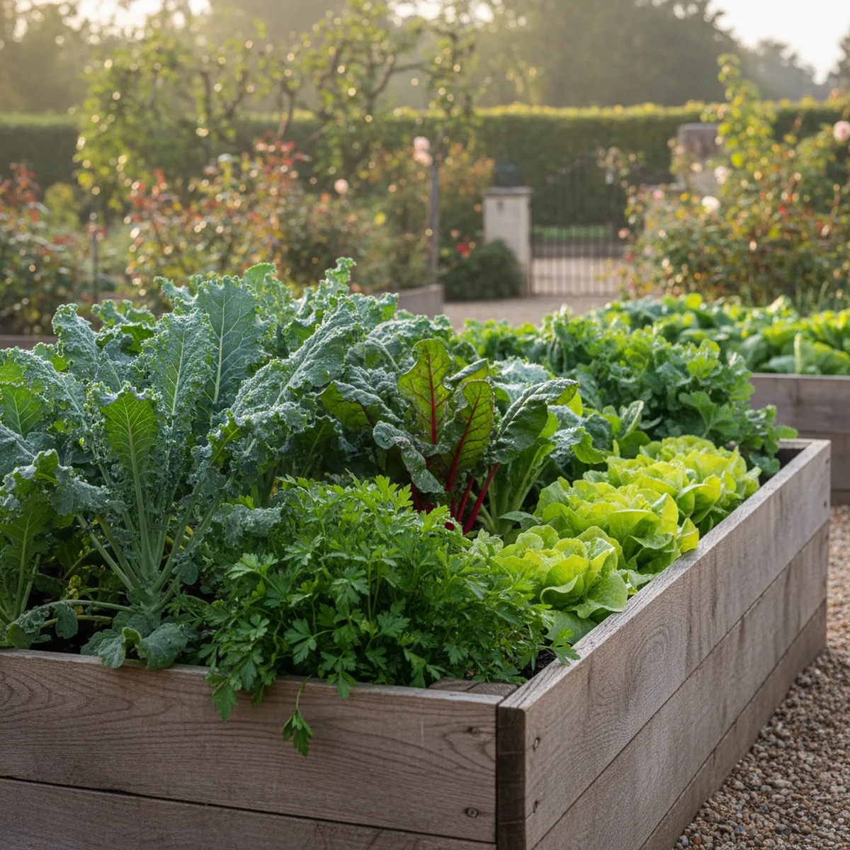 Bac potager bois avec légumes verts et terre riche