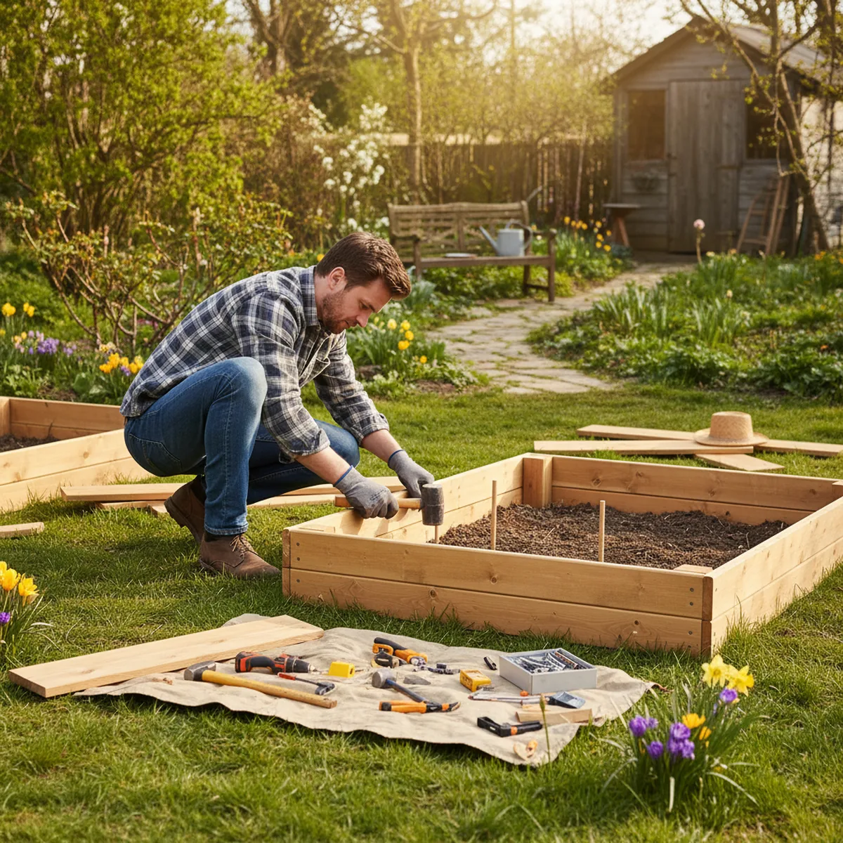 Construction d'un potager surélevé bois avec outils et planches