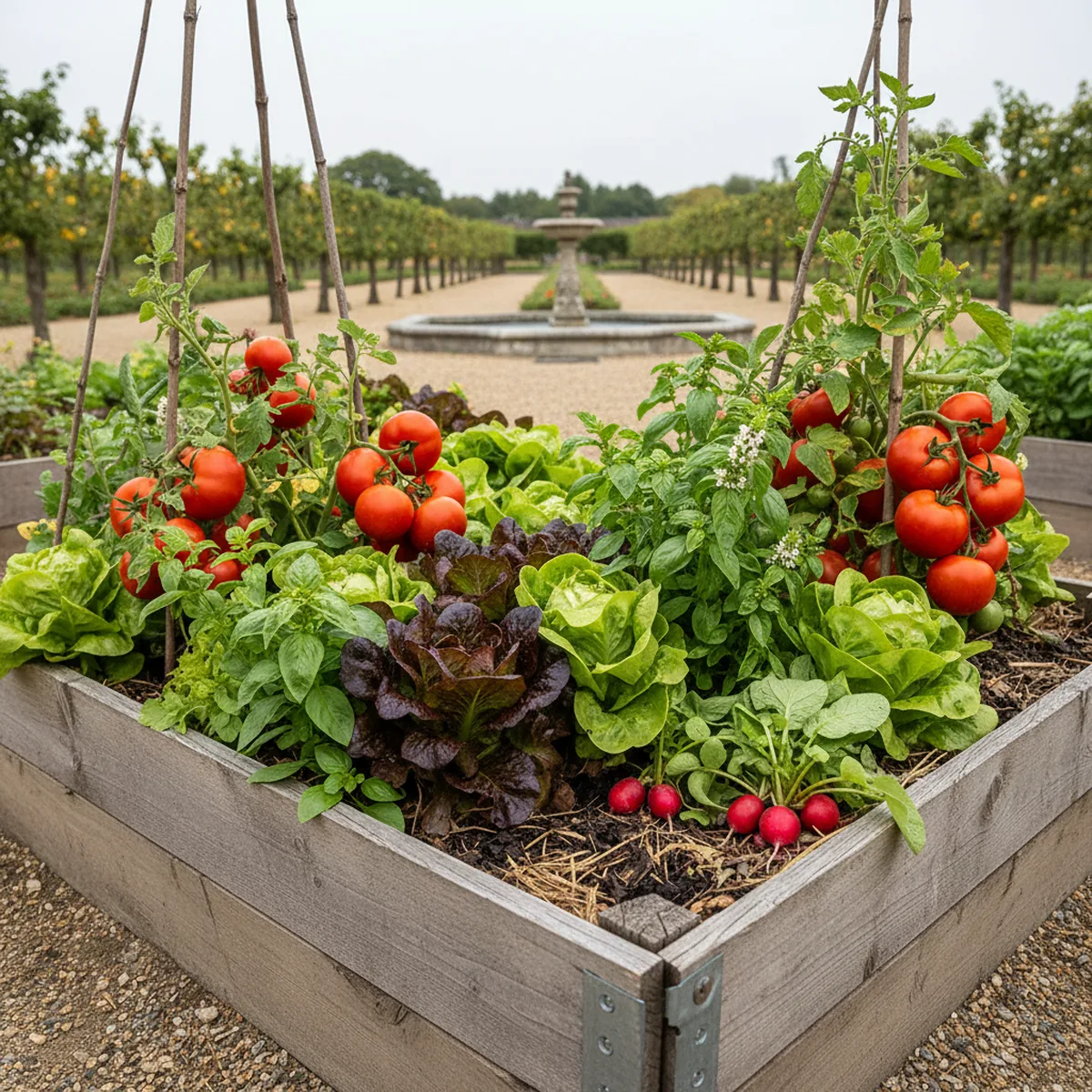 Légumes variés dans un potager surélevé bois : tomates, salades, herbes