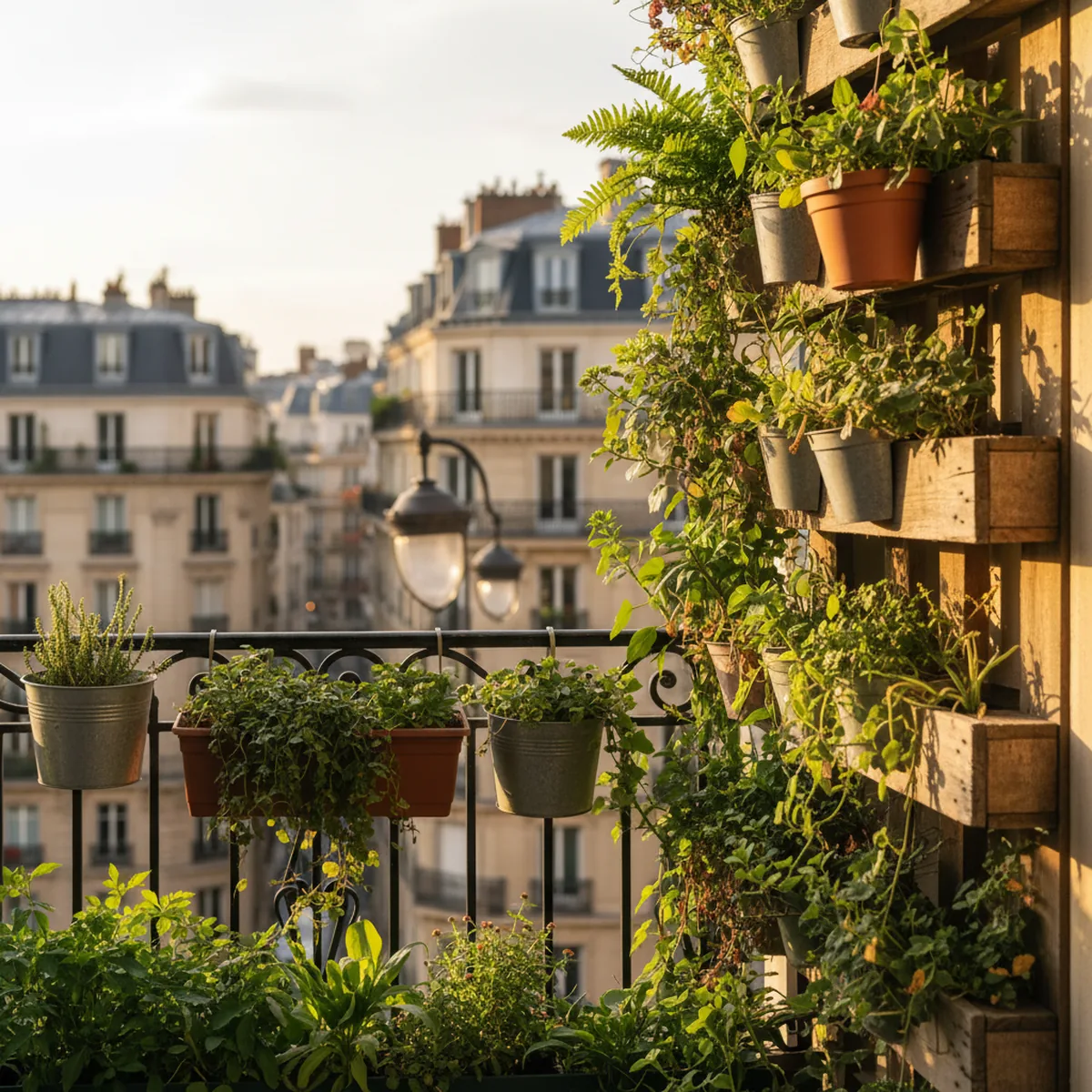 Balcon français avec potager vertical en palettes et pots suspendus