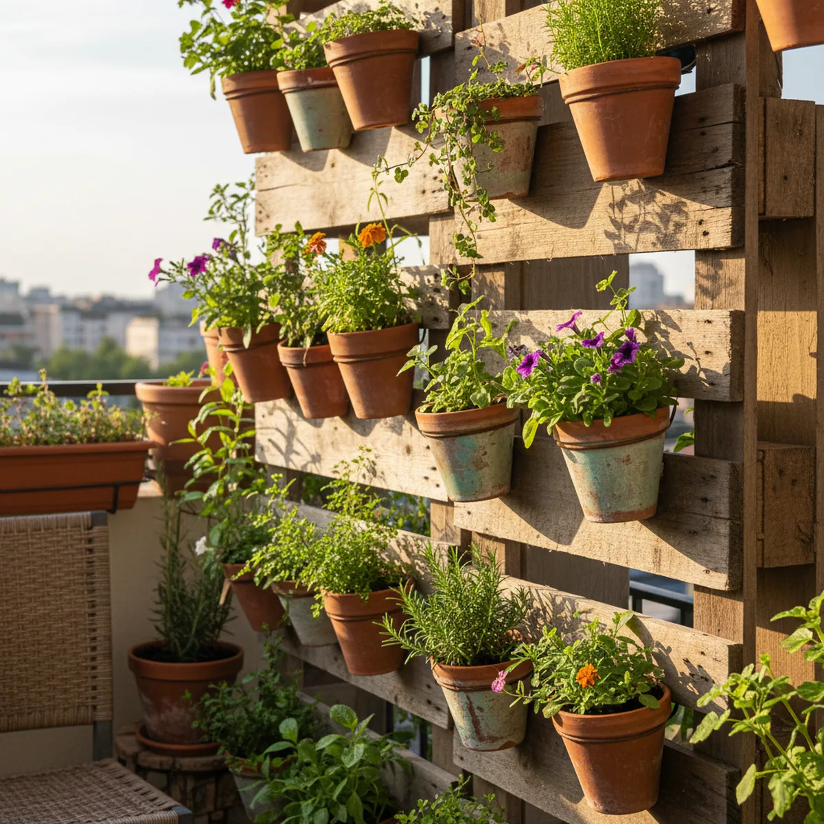 Structure de potager vertical en palette avec pots en terre cuite