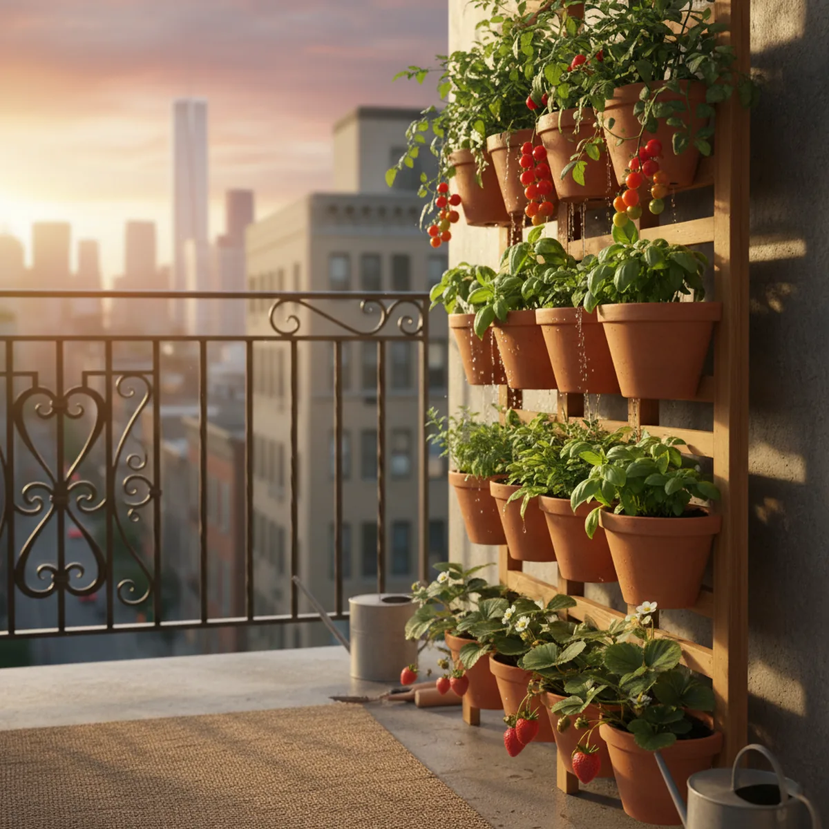 Potager vertical avec tomates, basilic et fraises sur balcon