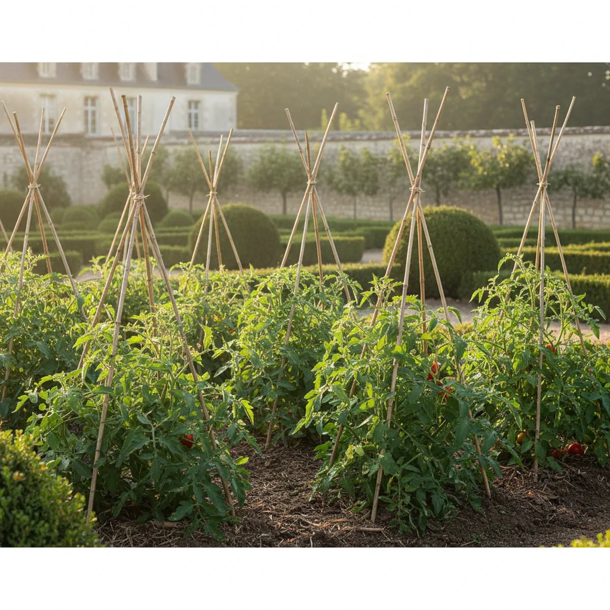 plants de tomates attachés à des tuteurs en bambou