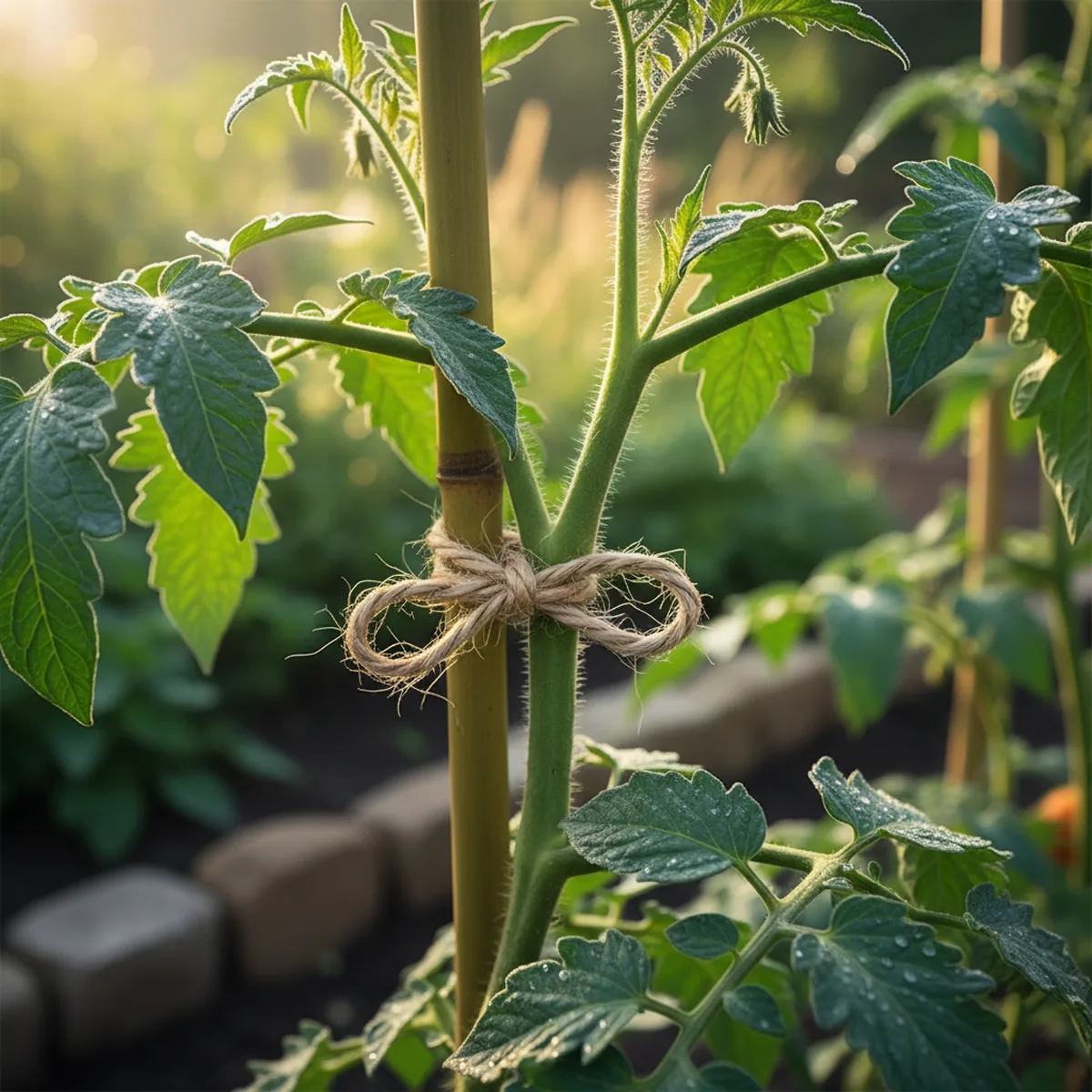 tige de tomate attachée à un tuteur avec de la ficelle