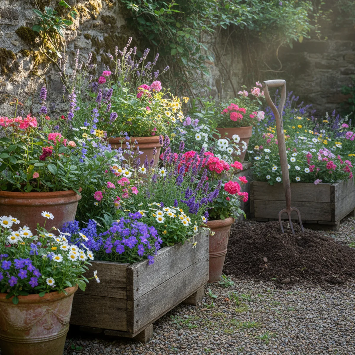 flower jardin avec pots en terre cuite et fleurs vivaces