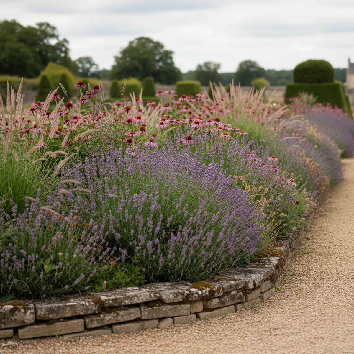 flower jardin avec lavande et échinacées en massif