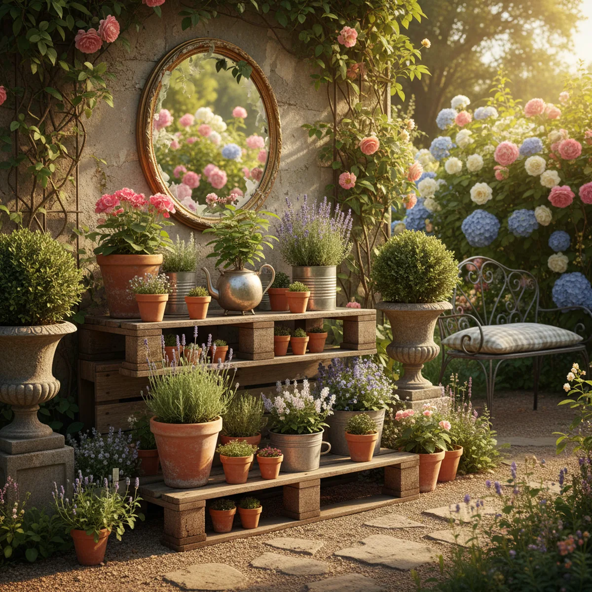 flower jardin déco avec miroir et palettes recyclées