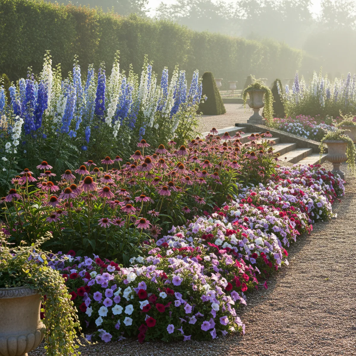 Massif fleuri avec hauteurs variées idée déco jardin