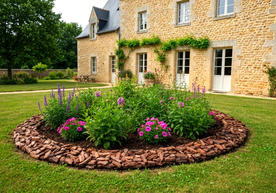 Paillage en écorces de pin dans un jardin fleuri facile entretien