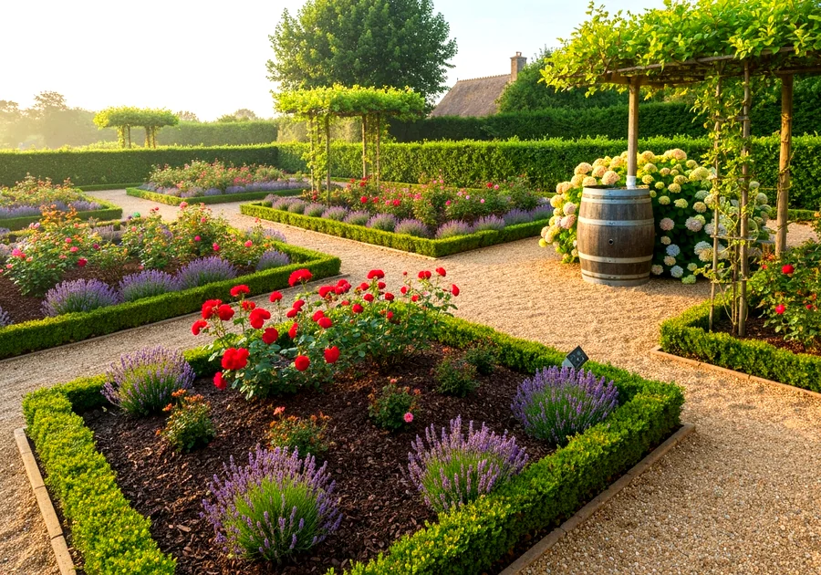 Aménagement de jardin fleuri facile entretien avec paillage et allée