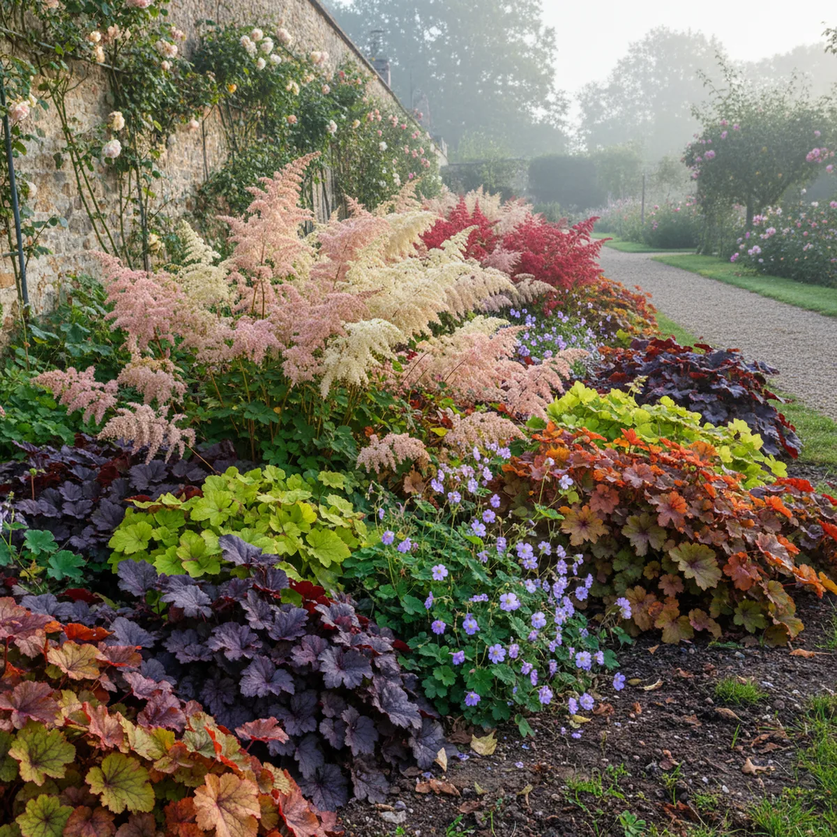 Massif de vivaces d'ombre avec heuchères et astilbes