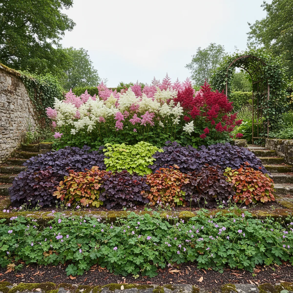 Massif d'ombre en couches avec astilbes et heuchères
