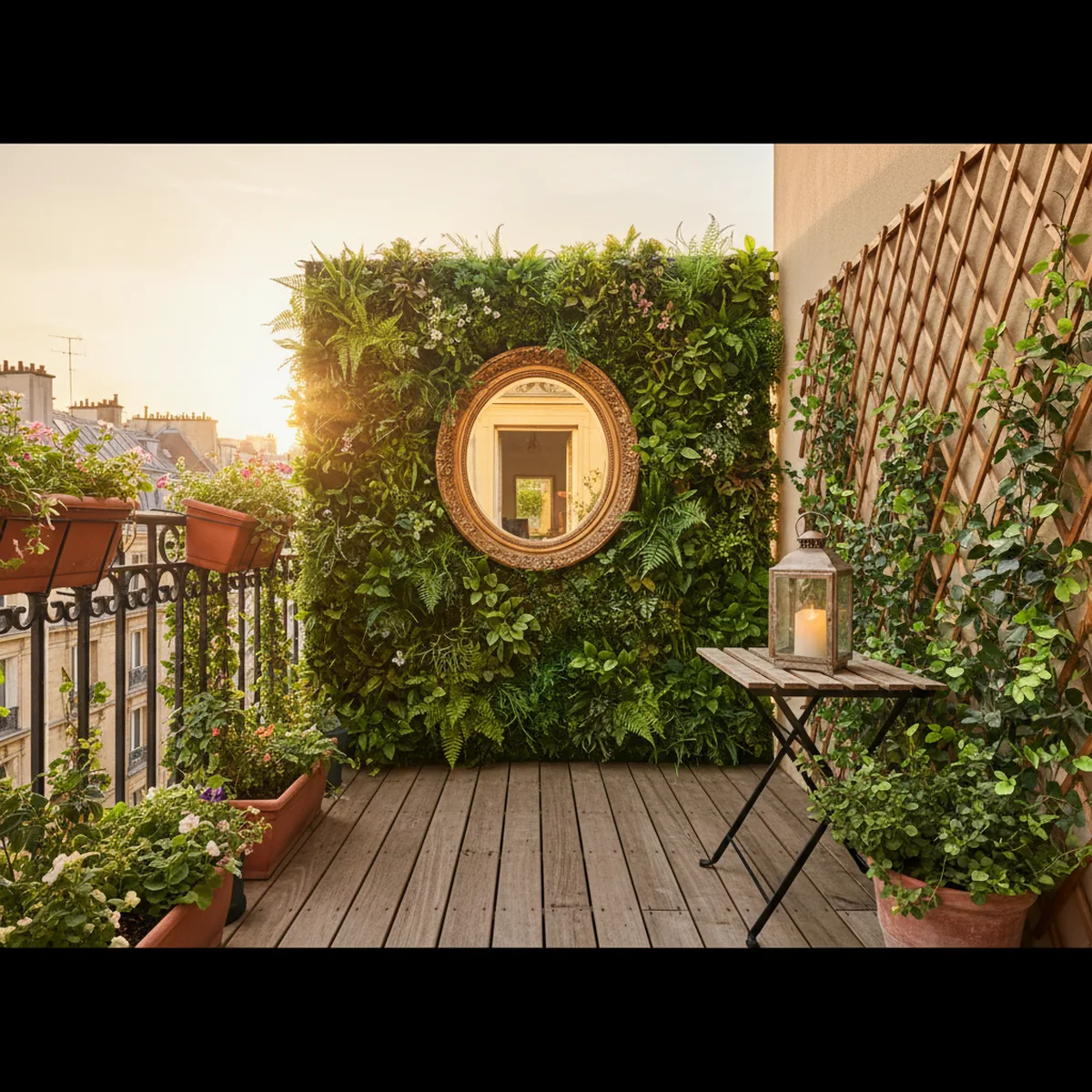 Balcon avec caillebotis bois et jardinière murale