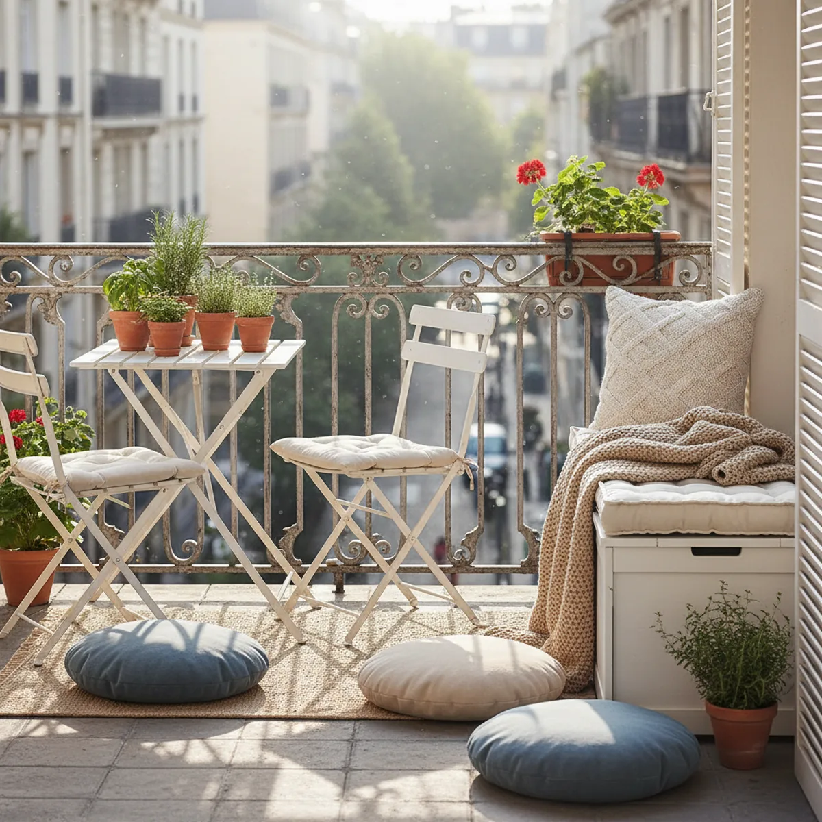 Petit balcon avec table pliante et banco coffre