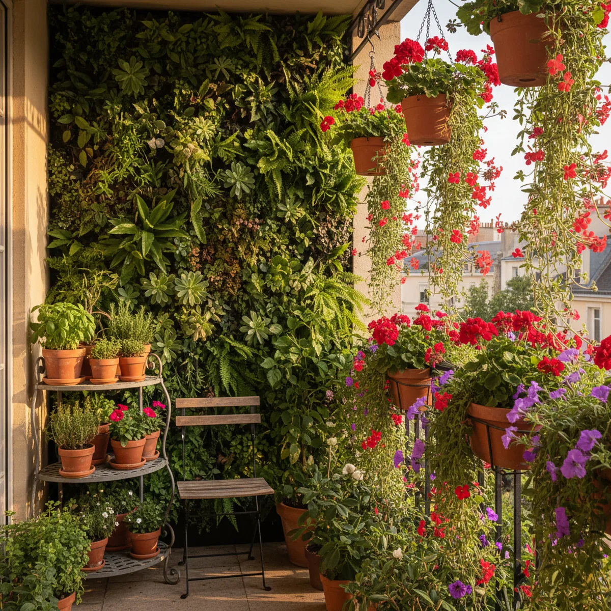 Jardin vertical sur petit balcon avec plantes retombantes