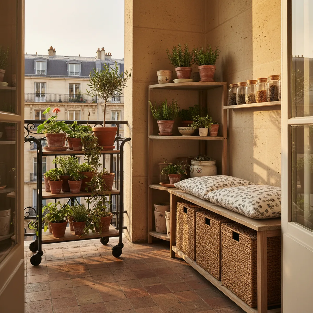 Rangement malin sur balcon avec étagères et boîtes