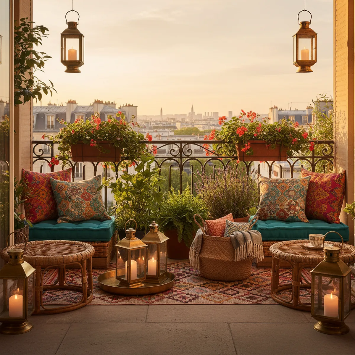 Décoration cosy sur petit balcon avec coussins et guirlandes