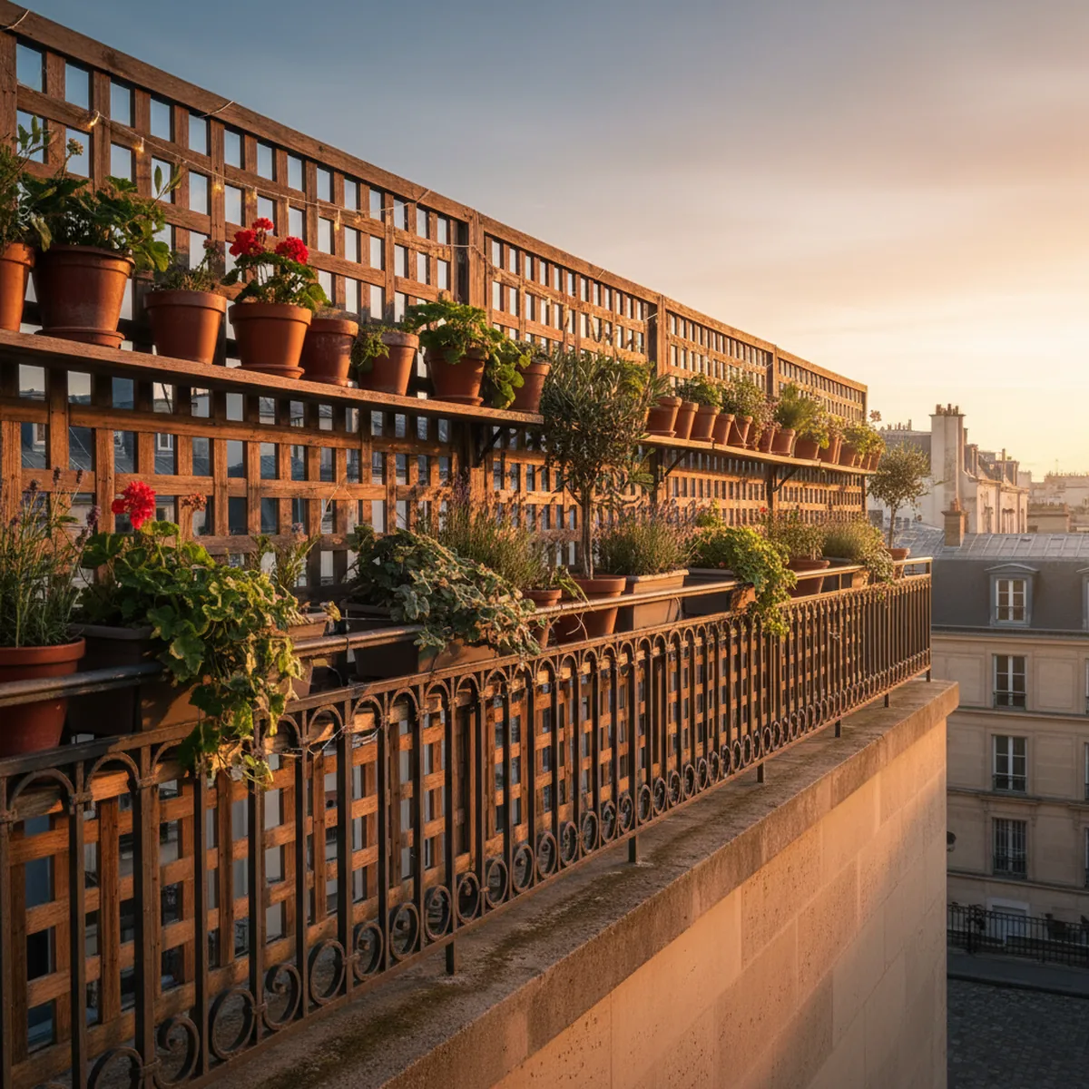 Claustra en bois avec plantes pour cacher la vue des voisins