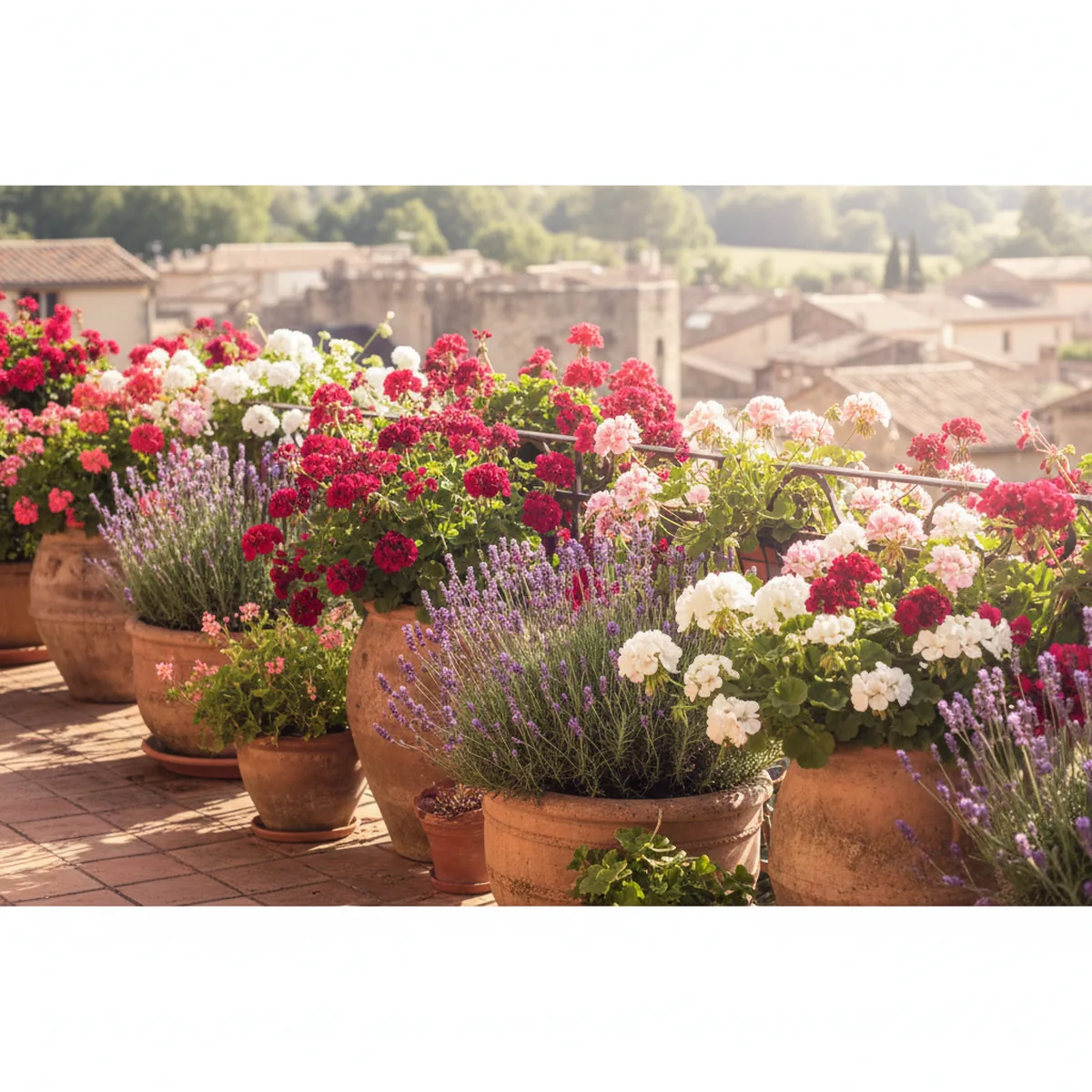 Pots en terre cuite avec plantes plein soleil balcon