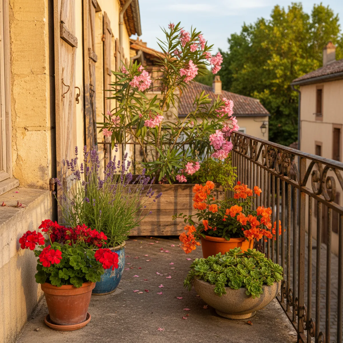 Cinq pots de fleurs plein soleil sur balcon français