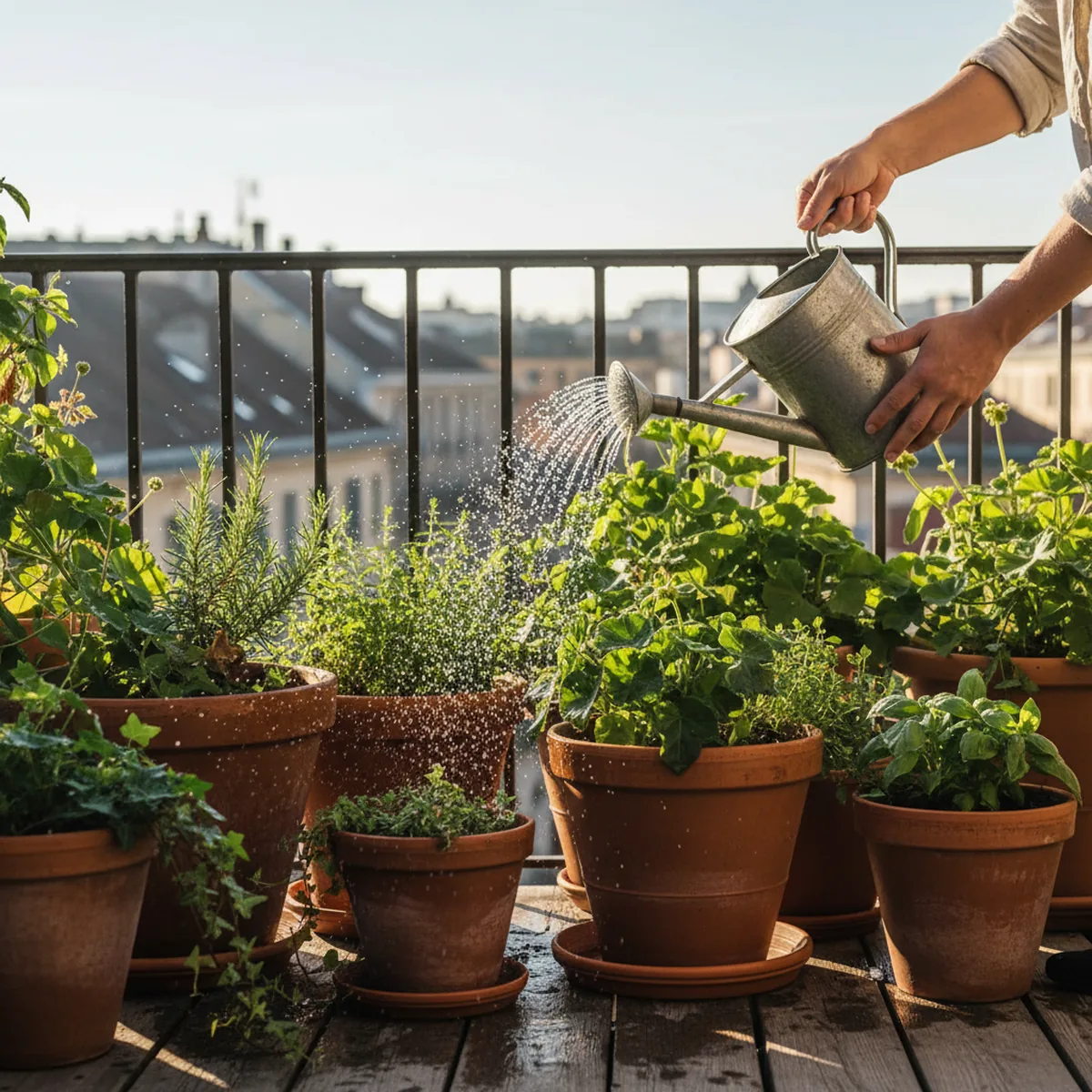 Arrosage de plantes en pot plein soleil matin