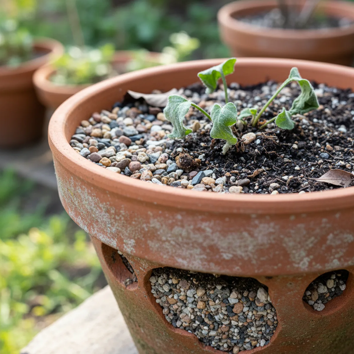 Détail drainage pot plante extérieur soleil