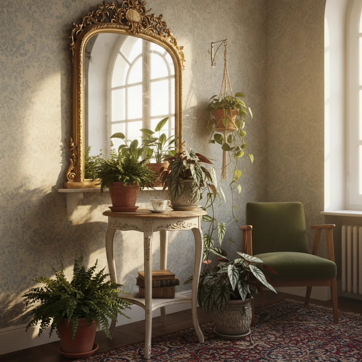 Coin salon avec fougères et miroir pour jardin ombragé