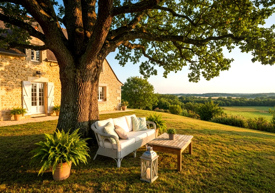 Salon de jardin confortable sous un arbre dans un coin ombragé