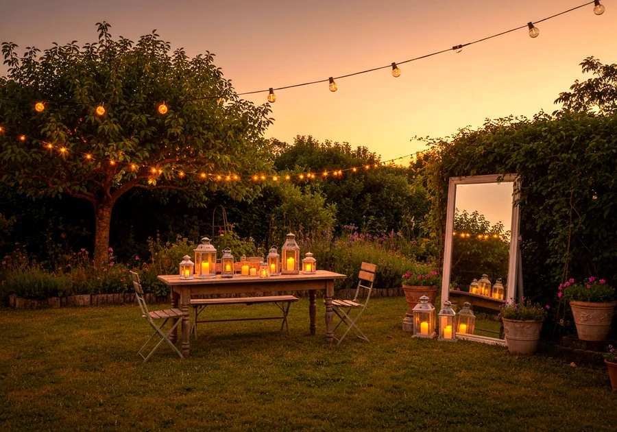 Guirlandes lumineuses et miroir dans un jardin ombragé
