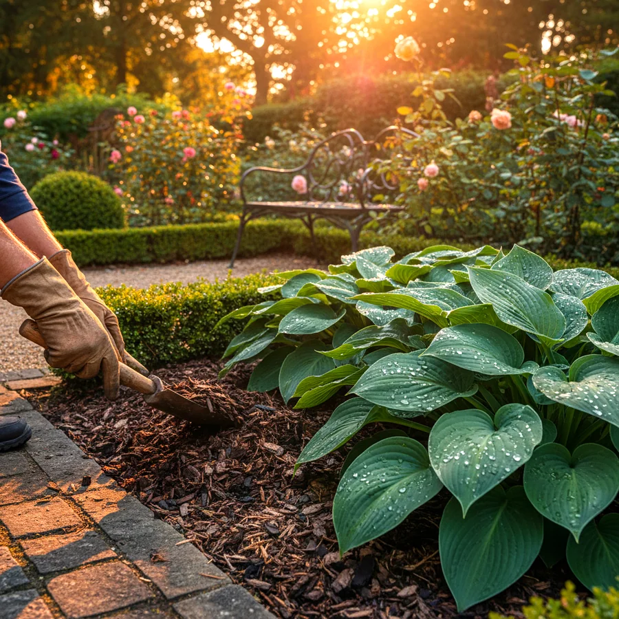 Entretien d'un massif de plantes d'ombre avec paillage
