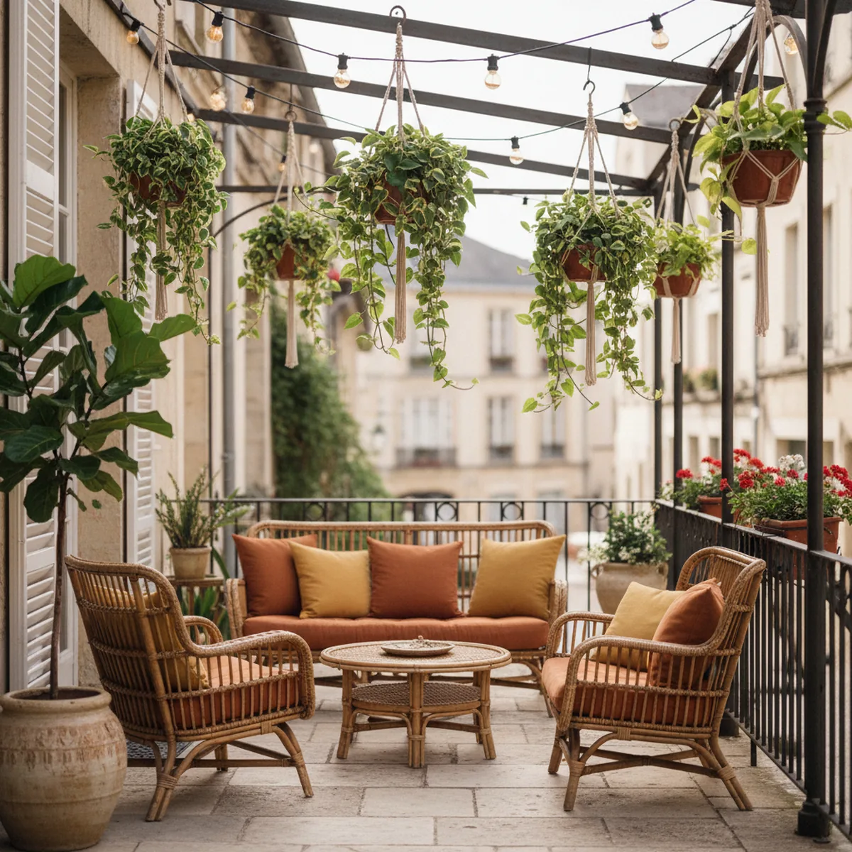Véranda ombragée aménagée avec plantes et déco chaleureuse