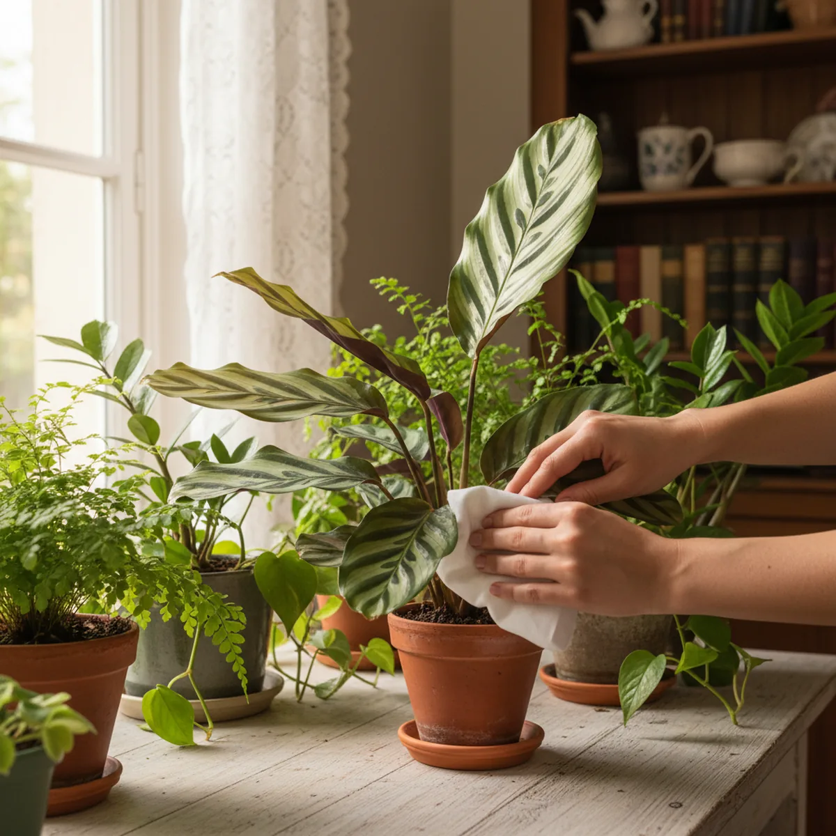 Entretien de plantes d'ombre avec brumisation et nettoyage des feuilles