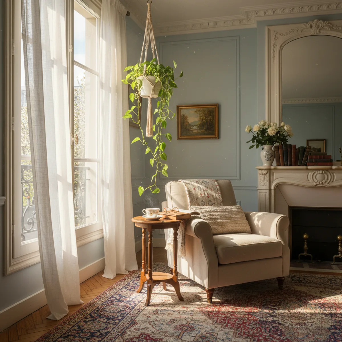 Pothos suspendu près d'une fenêtre dans un salon français