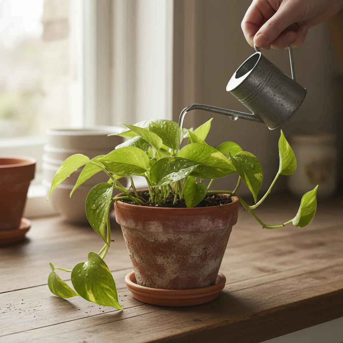 Main arrosant un pothos dans un pot en terre cuite