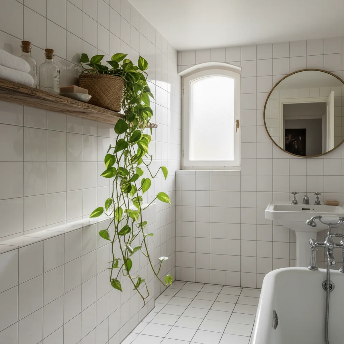 Pothos dans une salle de bain lumineuse, entretien facile