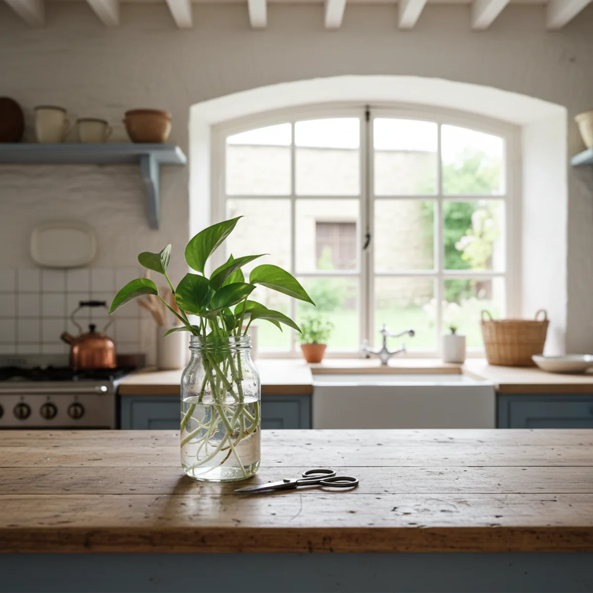 Boutures de pothos dans un verre d'eau sur une table