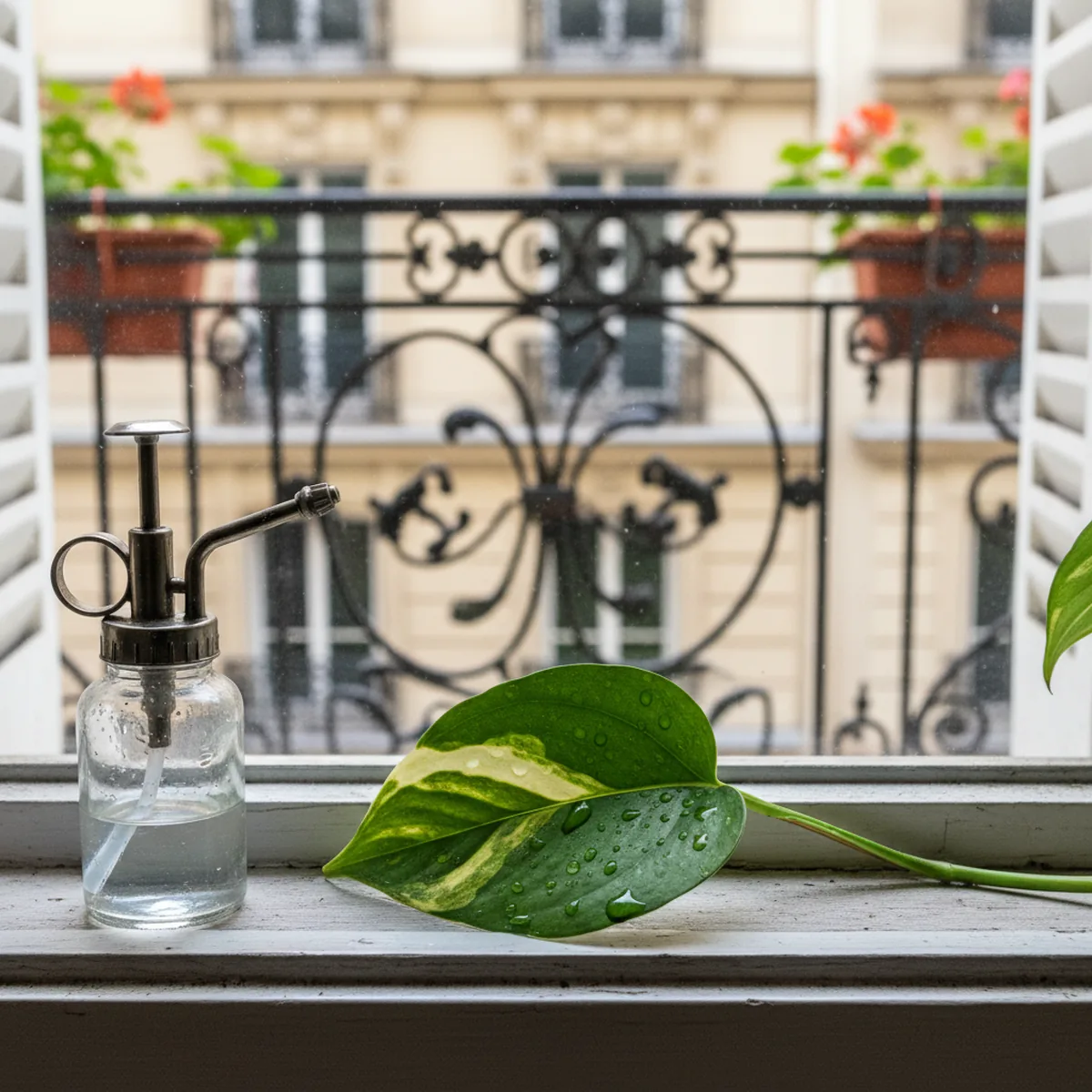 Feuille de pothos jaunissante avec un vaporisateur à côté